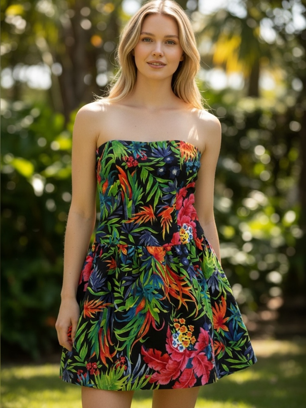 A.J. Bari Black Strapless Dress with Green, Blue and Red Floral Print